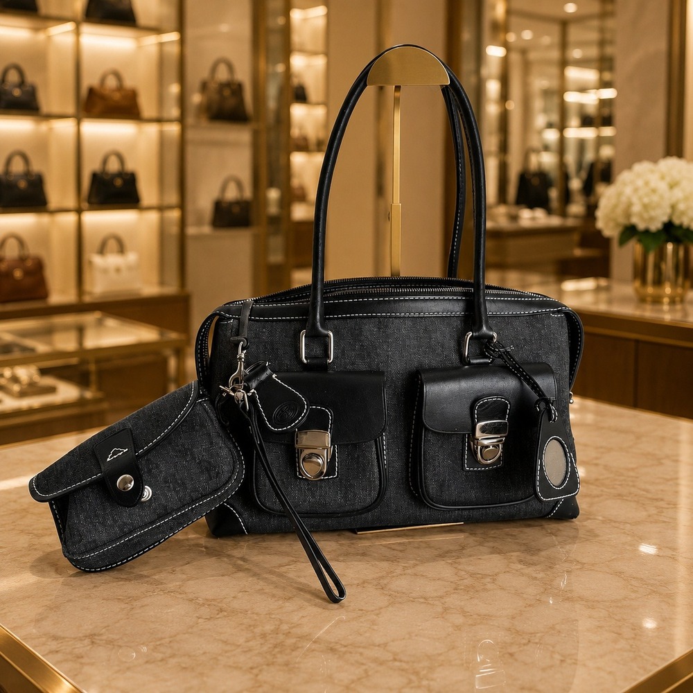 Dooney & Bourke Anniversary Set Denim Leather Satchel Shoulder Bag Pouch Black